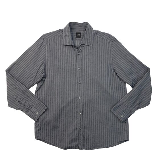Hugo Boss Shirt Mens L Large Grey Striped Button Up Long Sleeve Cotton Dress - Picture 1 of 10